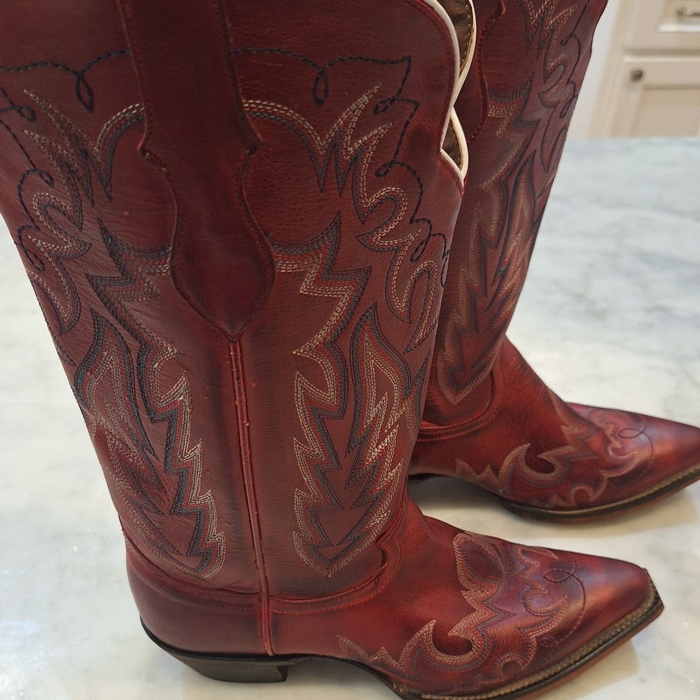 Justin Western Boots Wom Sz 8.5B Red Leather Embroidered Cowgirl L43466 Pointed